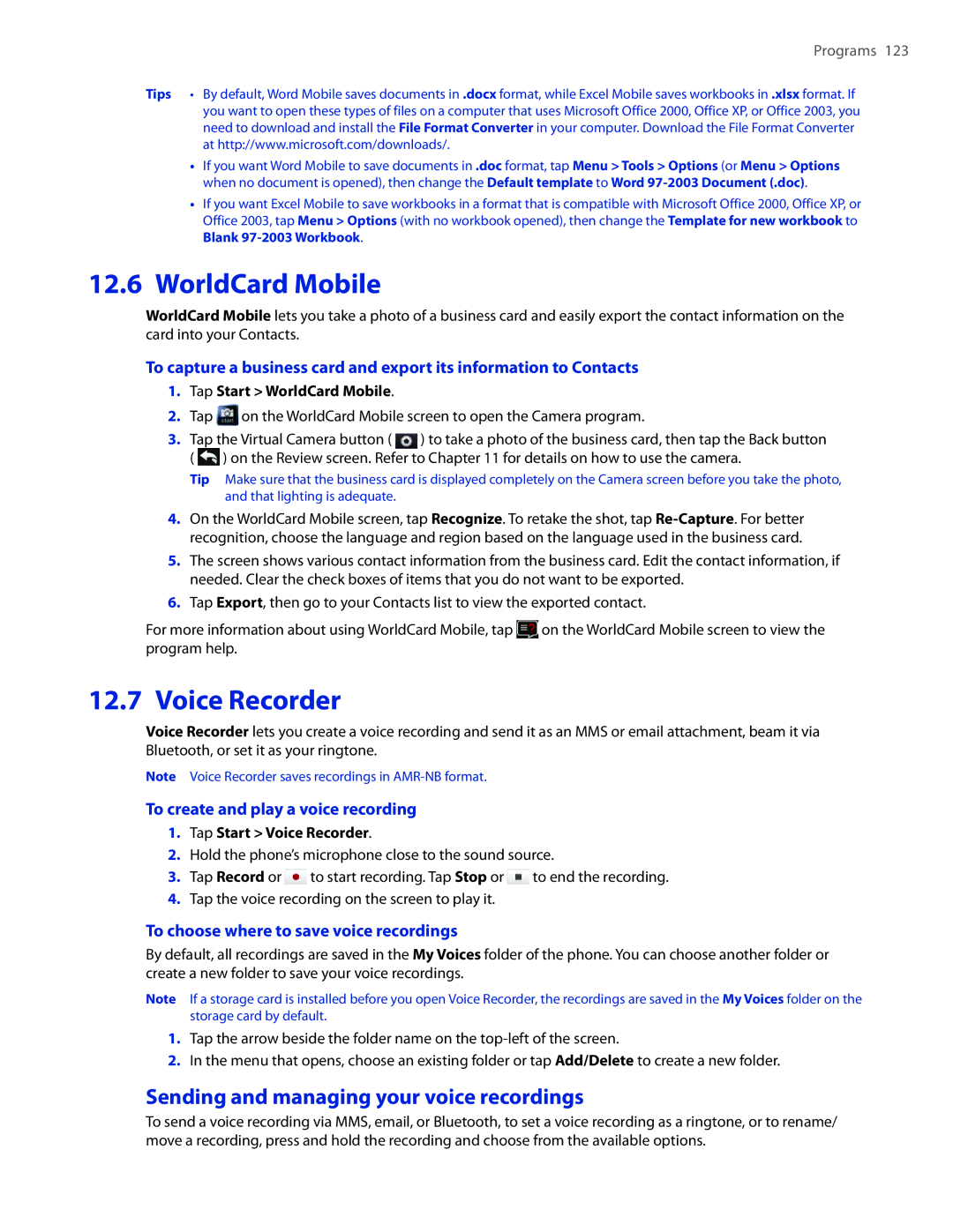 HTC TOUCHPRO2SPT user manual WorldCard Mobile, Voice Recorder, Sending and managing your voice recordings 