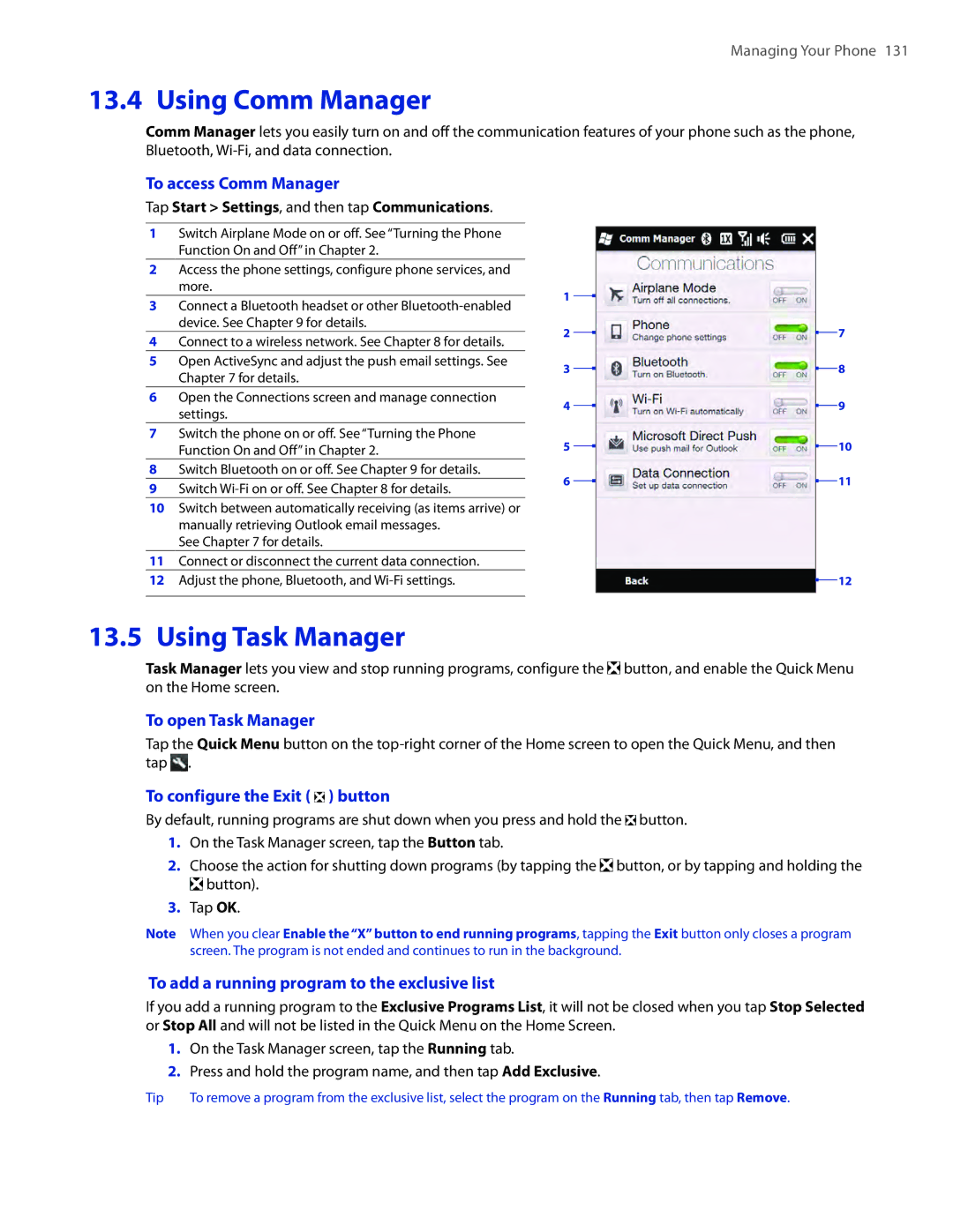 HTC TOUCHPRO2SPT user manual Using Comm Manager, Using Task Manager 