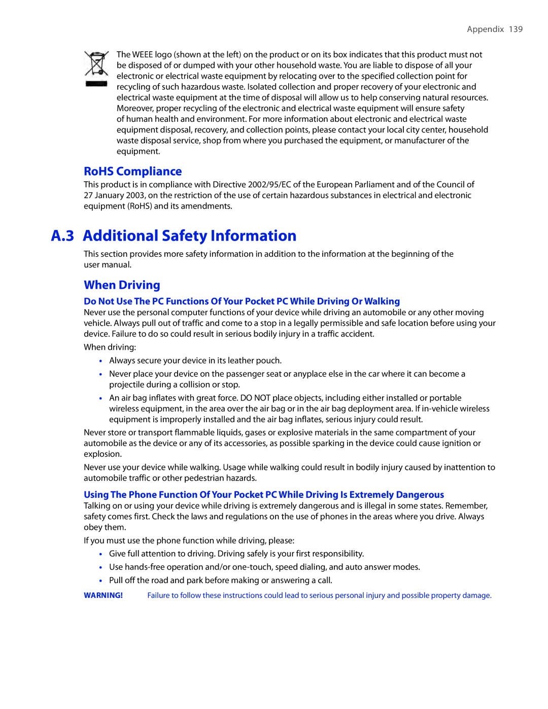 HTC TOUCHPRO2SPT user manual Additional Safety Information, RoHS Compliance, When Driving 