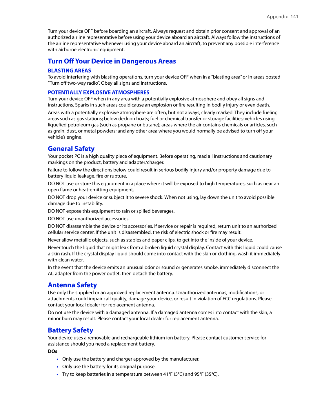 HTC TOUCHPRO2SPT user manual Turn Off Your Device in Dangerous Areas, General Safety, Antenna Safety, Battery Safety, DOs 