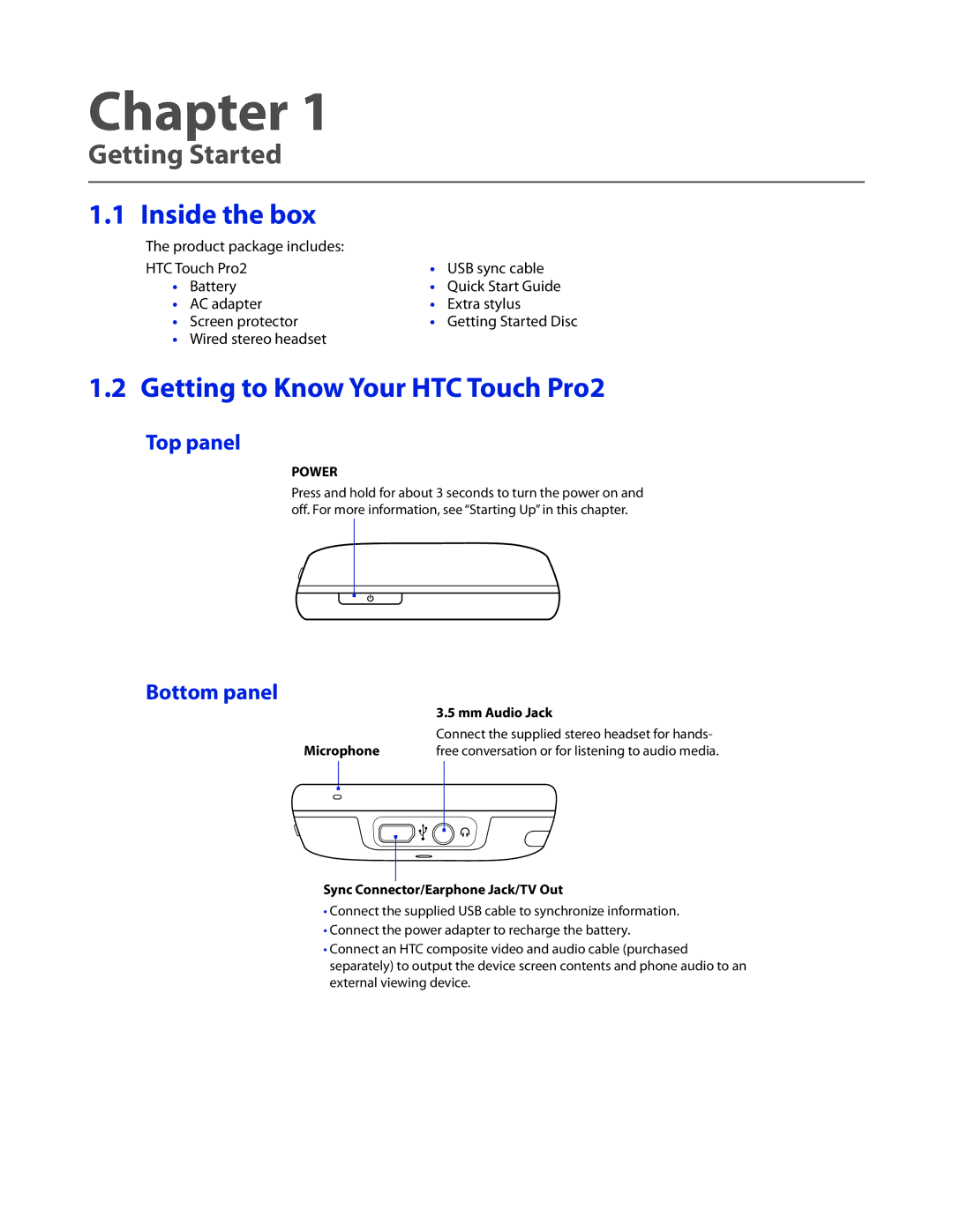 HTC TOUCHPRO2SPT user manual Getting to Know Your HTC Touch Pro2, Top panel, Bottom panel 