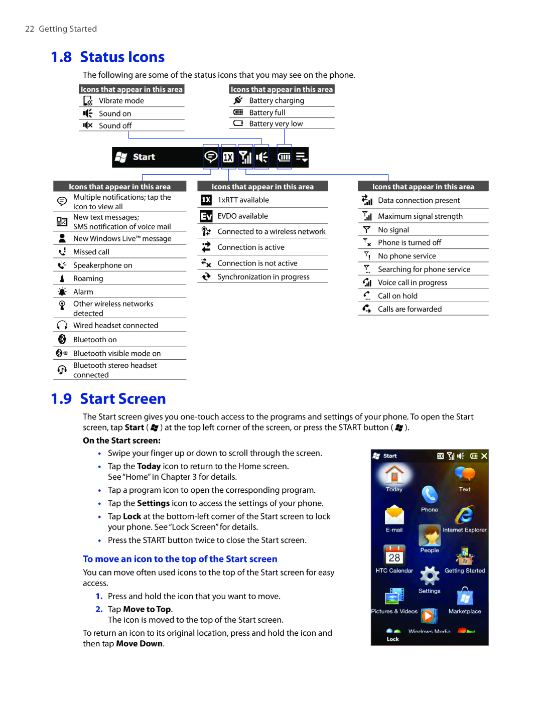 HTC TOUCHPRO2SPT Status Icons, Start Screen, To move an icon to the top of the Start screen, On the Start screen 