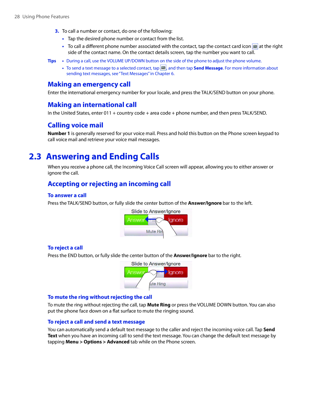 HTC TOUCHPRO2SPT Answering and Ending Calls, Making an emergency call, Making an international call, Calling voice mail 