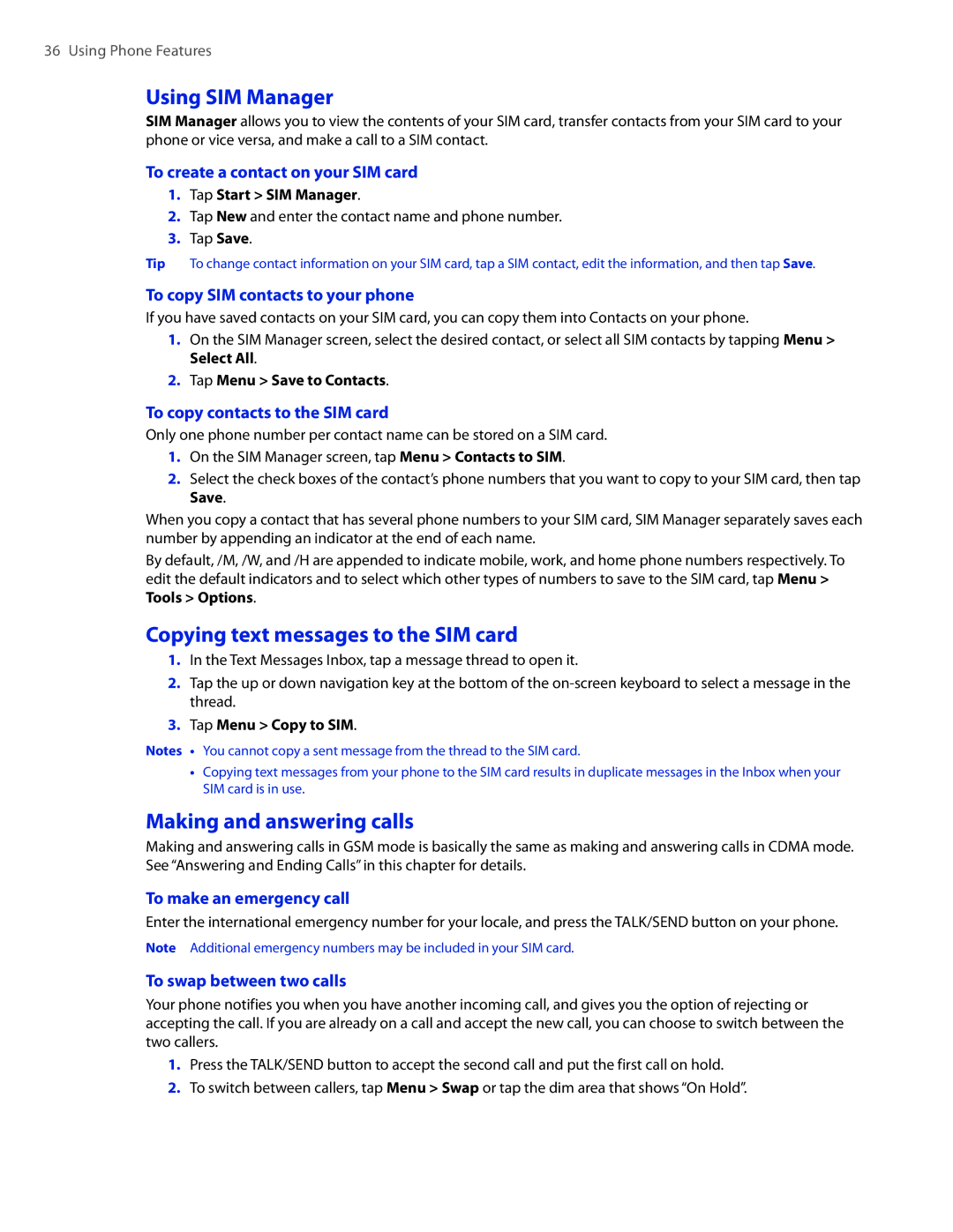 HTC TOUCHPRO2SPT user manual Using SIM Manager, Copying text messages to the SIM card, Making and answering calls 