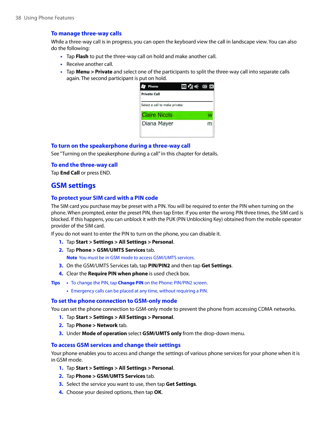 HTC TOUCHPRO2SPT user manual GSM settings 