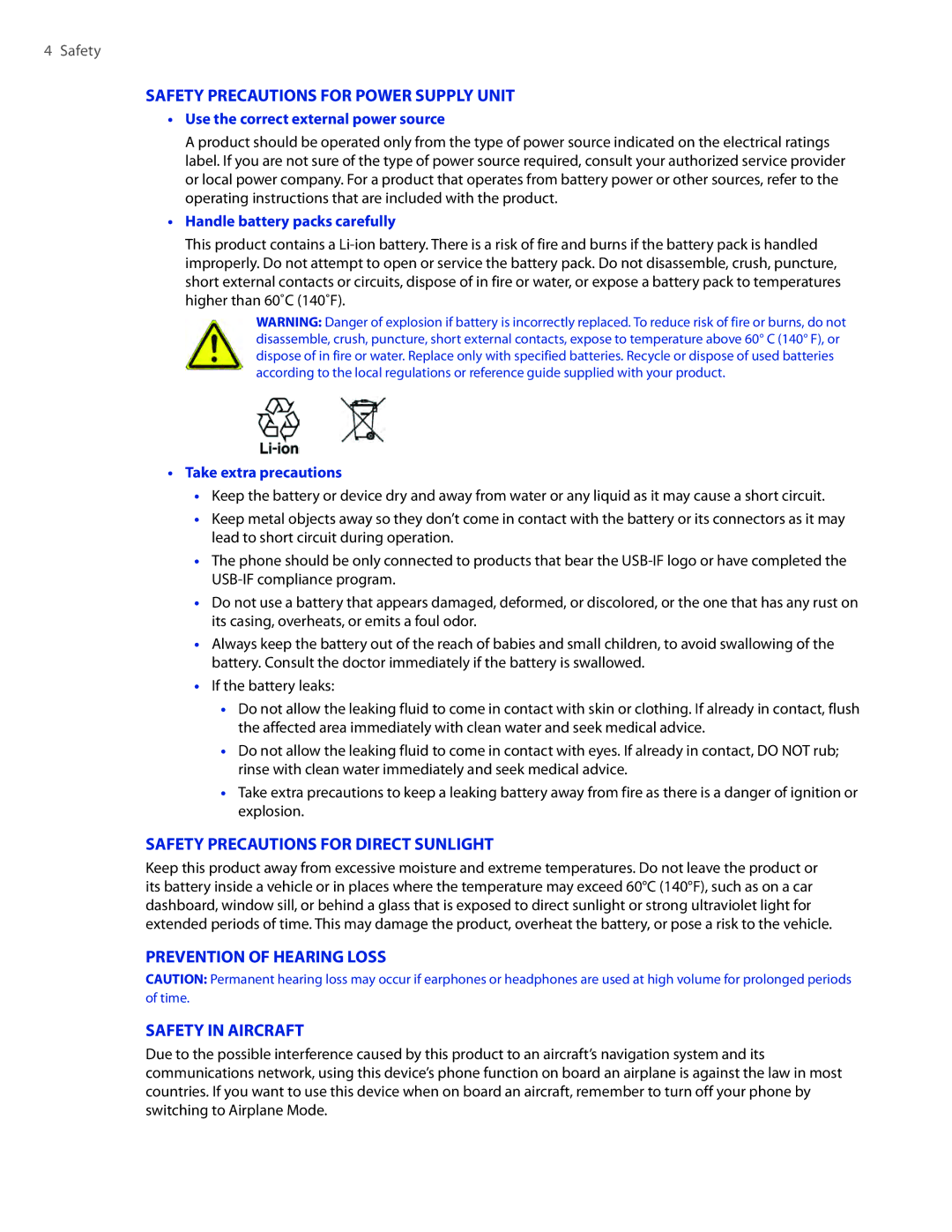 HTC TOUCHPRO2SPT user manual Safety Precautions for Power Supply Unit 