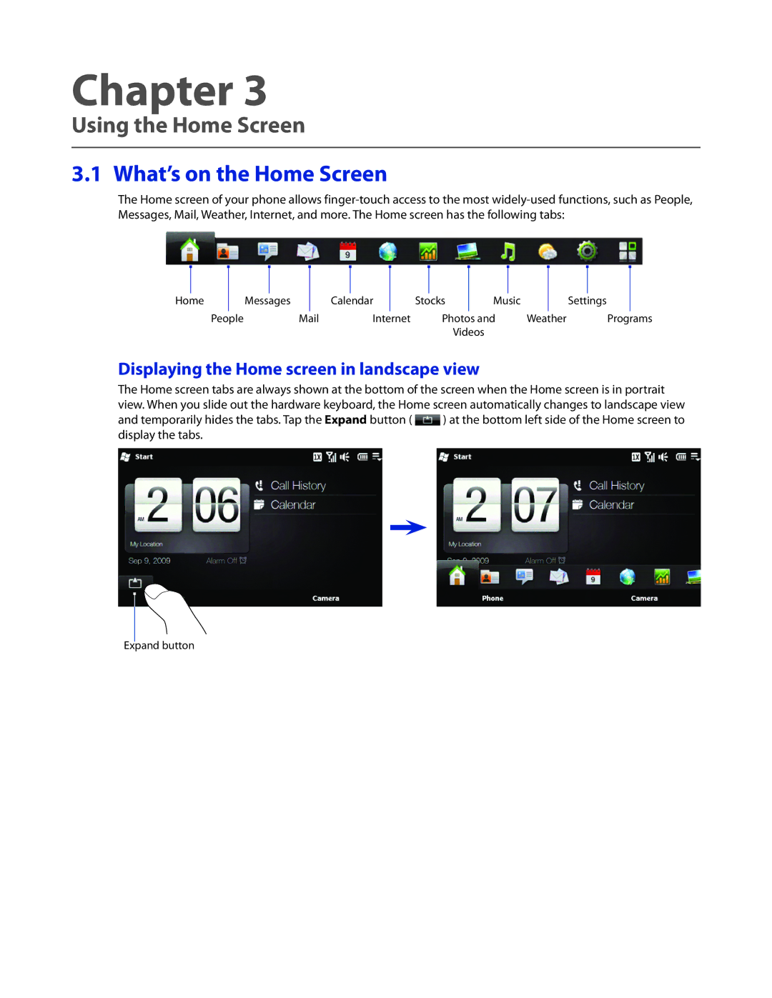 HTC TOUCHPRO2SPT user manual Using the Home Screen, What’s on the Home Screen, Displaying the Home screen in landscape view 