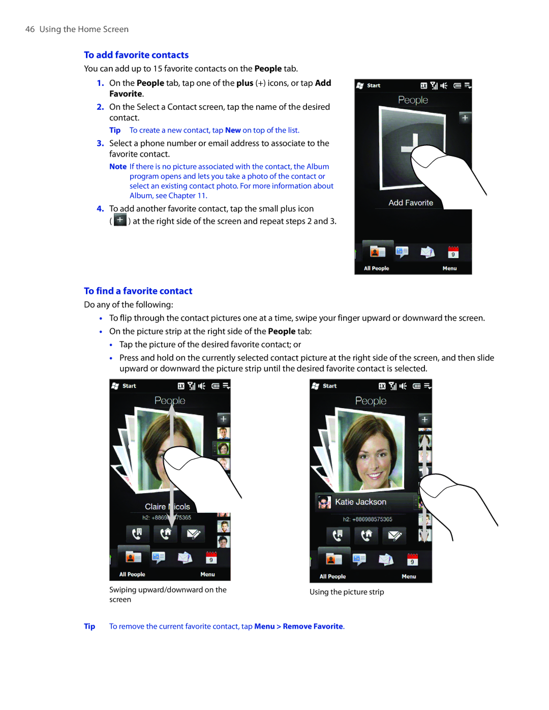 HTC TOUCHPRO2SPT user manual To add favorite contacts, To find a favorite contact 