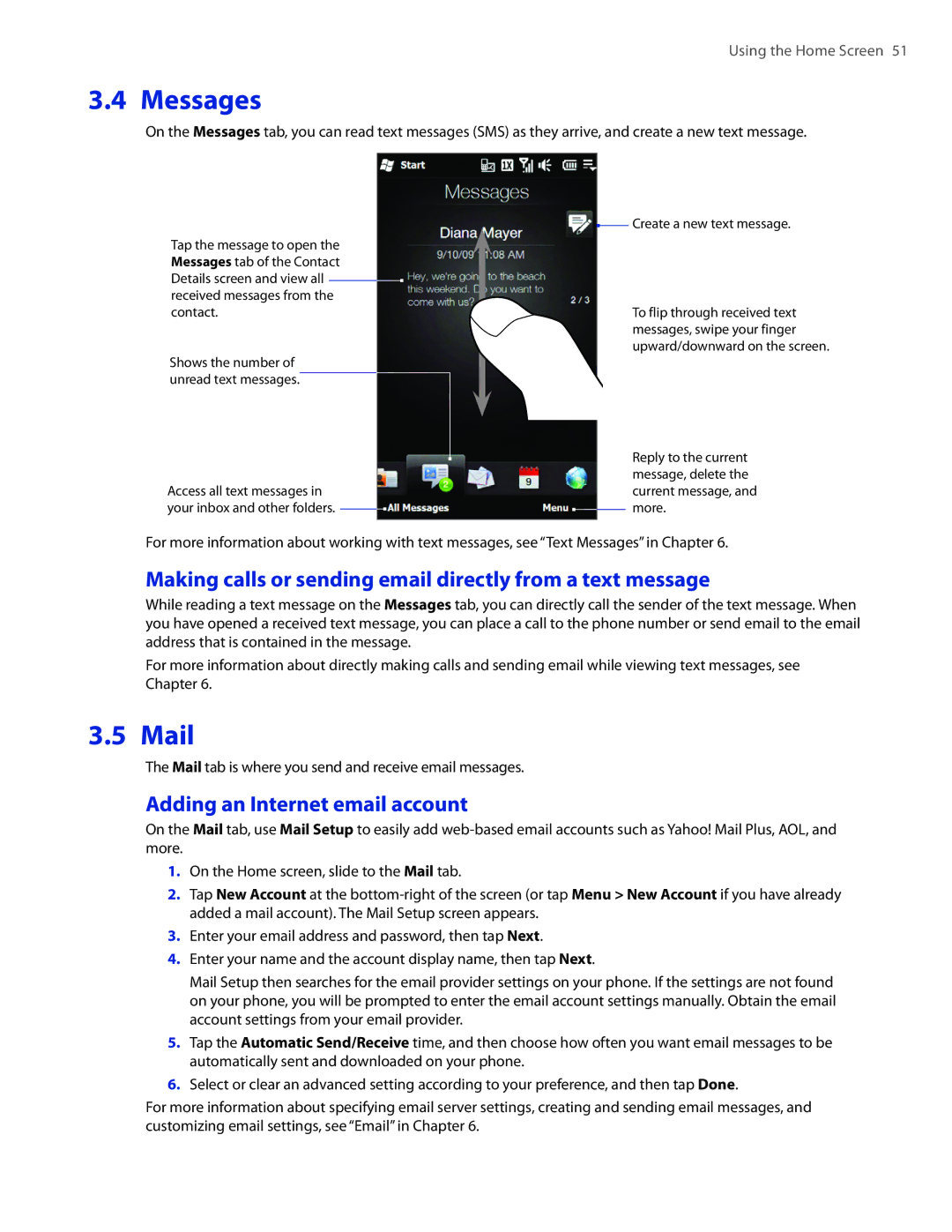 HTC TOUCHPRO2SPT user manual Messages, Mail, Making calls or sending email directly from a text message 