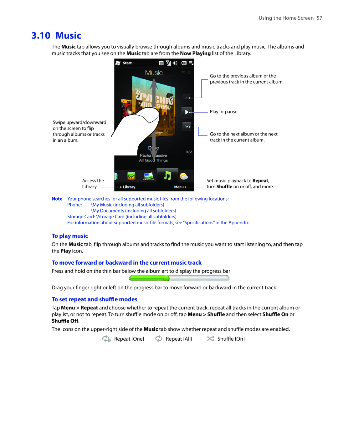 HTC TOUCHPRO2SPT user manual Music, To play music, To move forward or backward in the current music track 