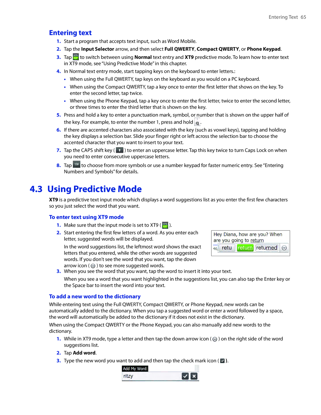 HTC TOUCHPRO2SPT Using Predictive Mode, Entering text, To enter text using XT9 mode, To add a new word to the dictionary 