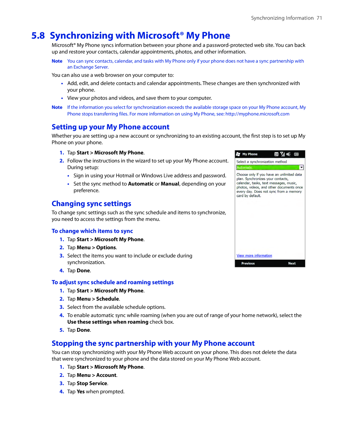 HTC TOUCHPRO2SPT Synchronizing with Microsoft My Phone, Setting up your My Phone account, Changing sync settings 