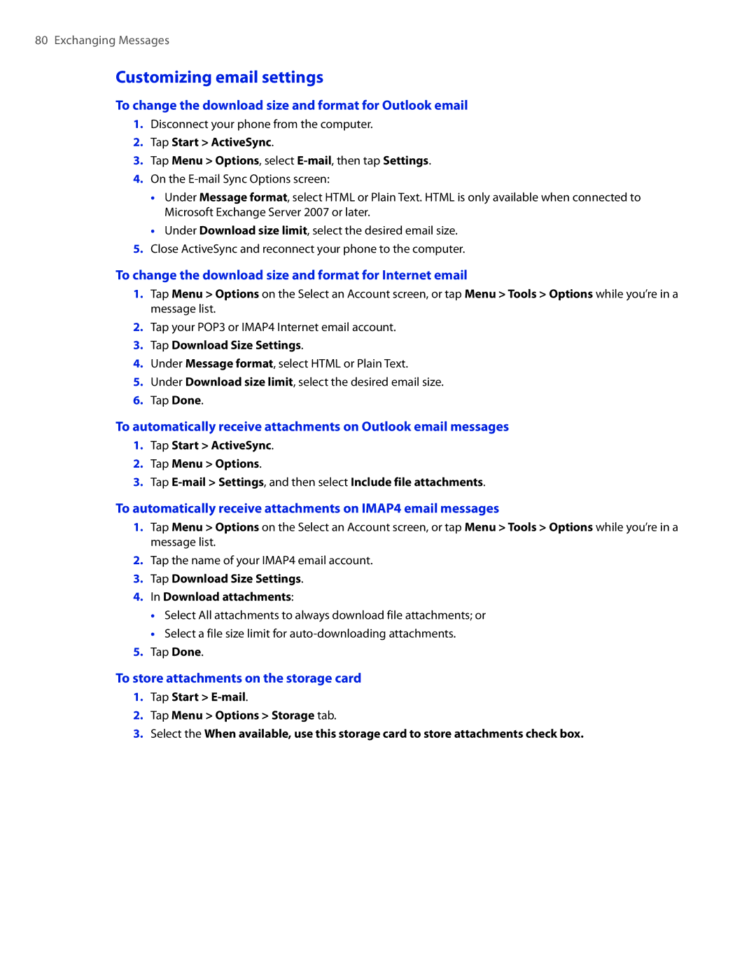HTC TOUCHPRO2SPT user manual Customizing email settings, To change the download size and format for Outlook email 