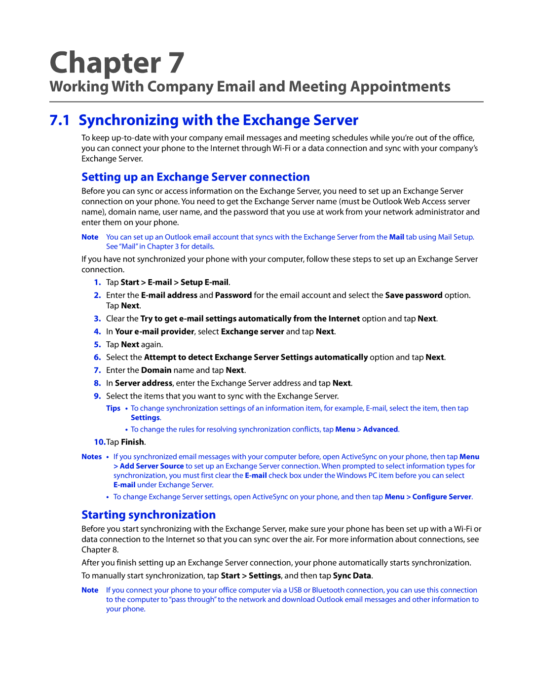 HTC TOUCHPRO2SPT user manual Working With Company Email and Meeting Appointments, Synchronizing with the Exchange Server 