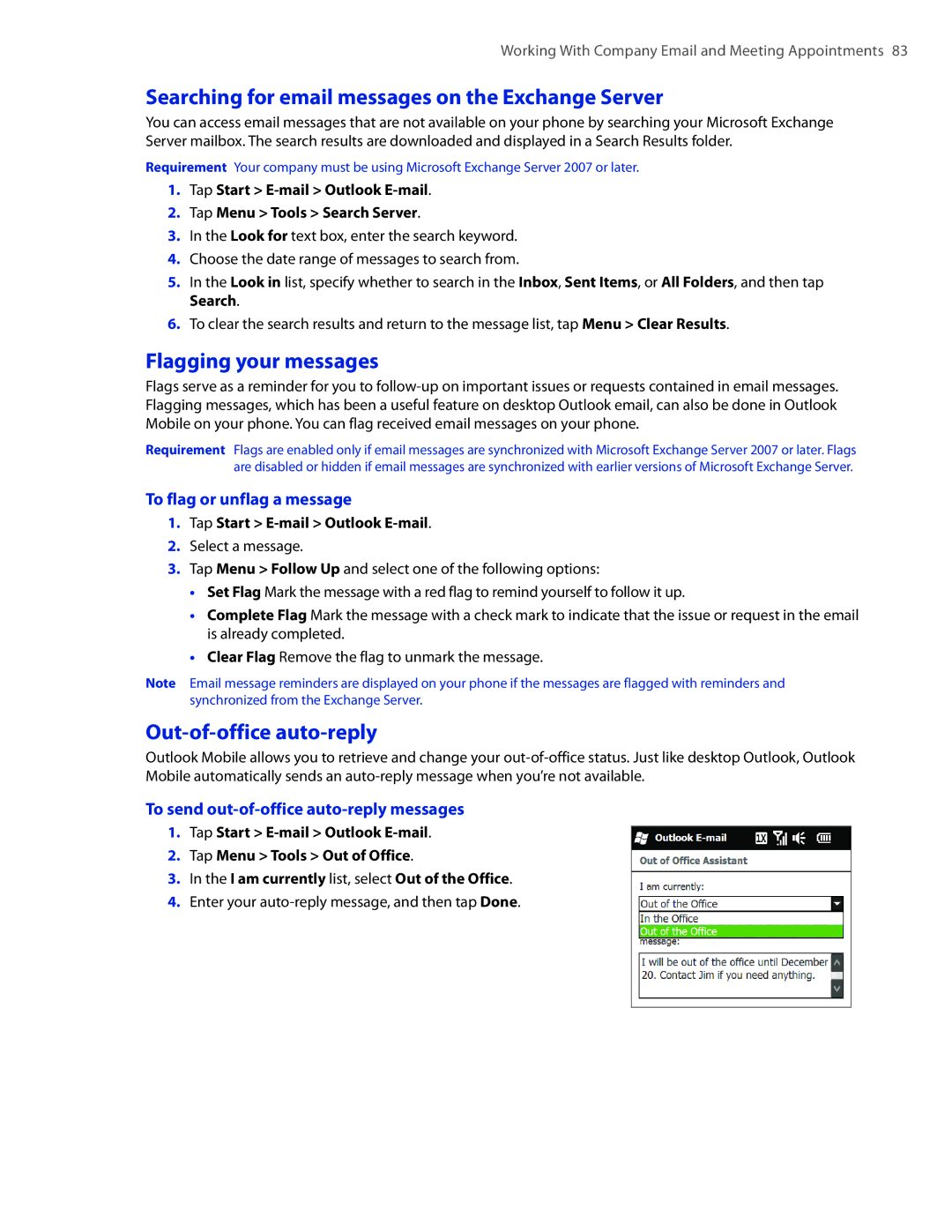 HTC TOUCHPRO2SPT Searching for email messages on the Exchange Server, Flagging your messages, Out-of-office auto-reply 