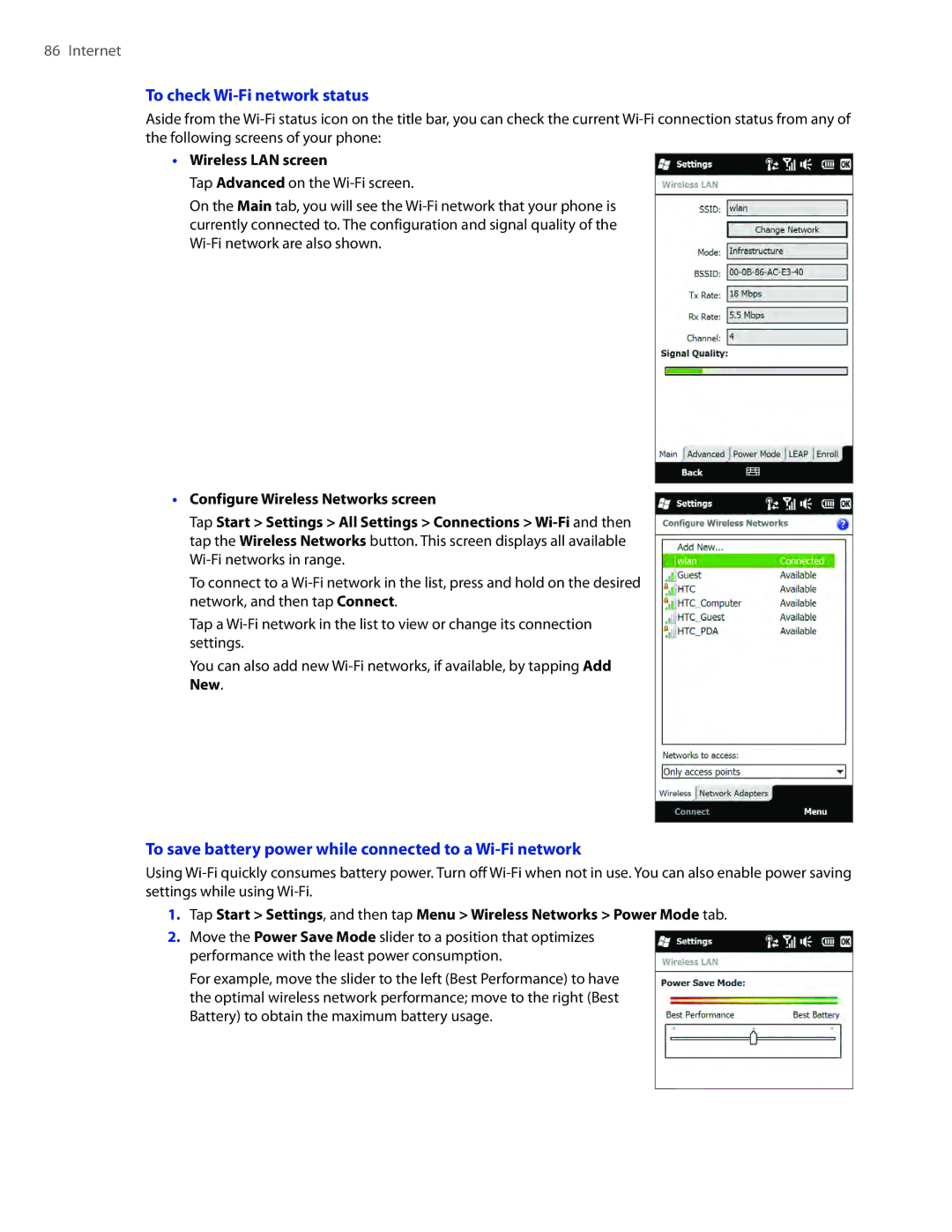 HTC TOUCHPRO2SPT user manual To check Wi-Fi network status, To save battery power while connected to a Wi-Fi network 