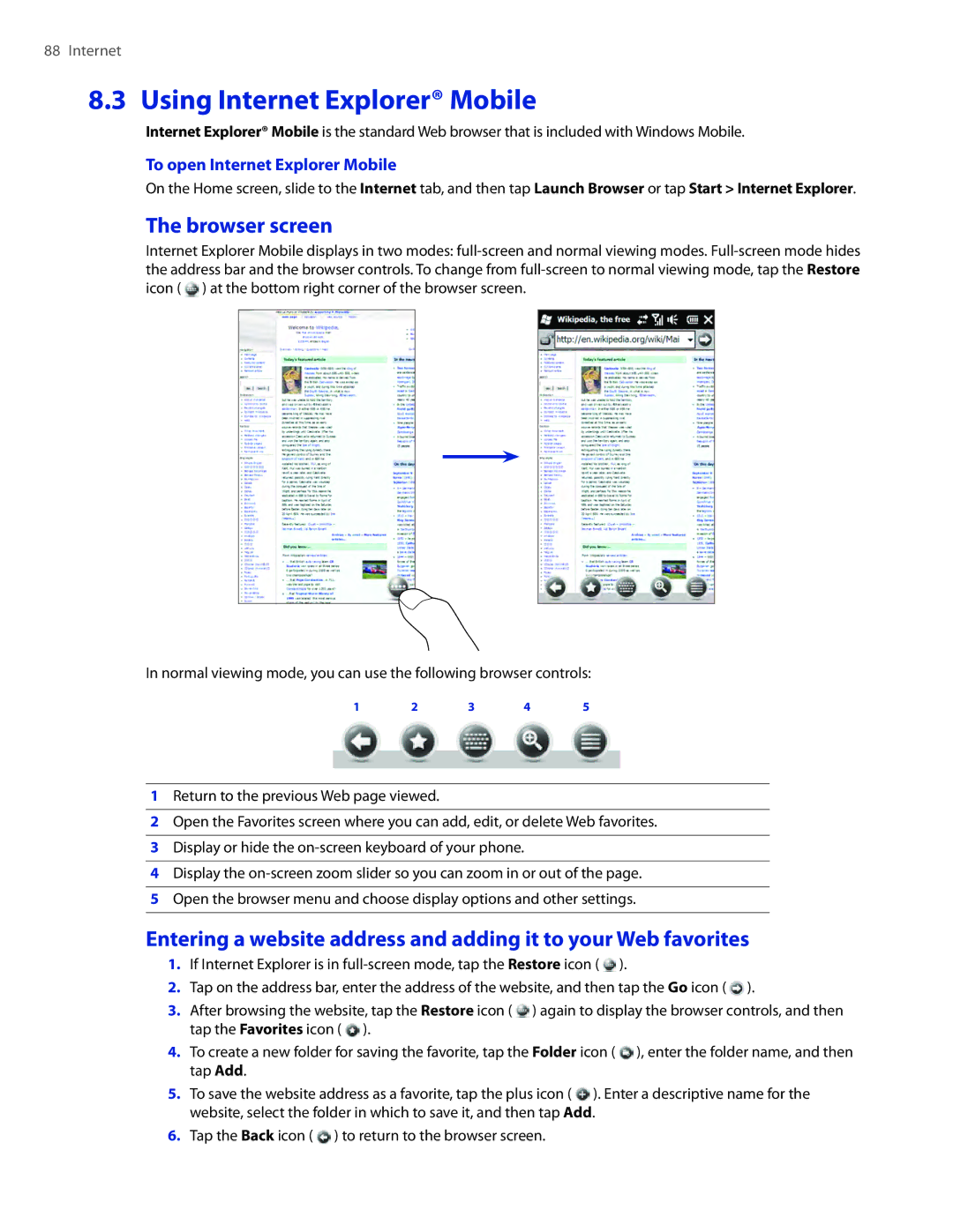 HTC TOUCHPRO2SPT user manual Using Internet Explorer Mobile, Browser screen, To open Internet Explorer Mobile 