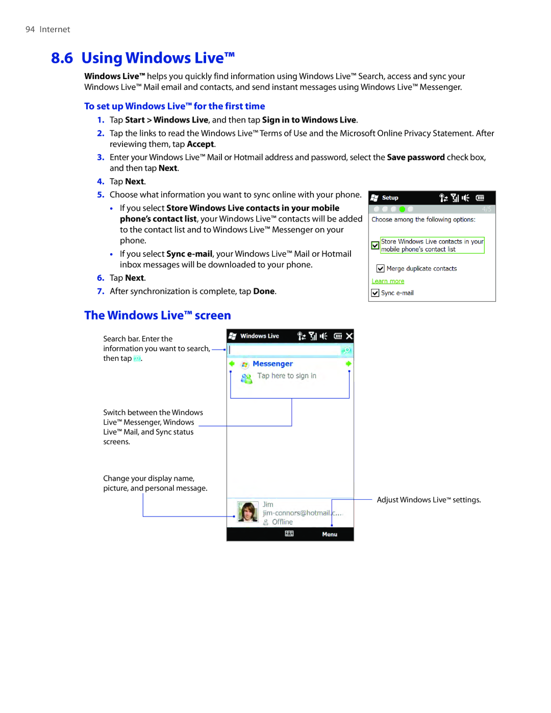 HTC TOUCHPRO2SPT user manual Using Windows Live, Windows Live screen, To set up Windows Live for the first time 