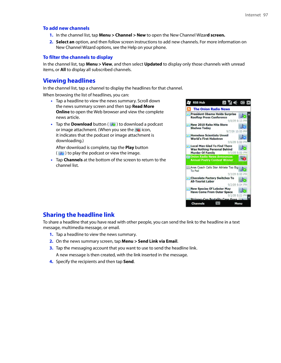 HTC TOUCHPRO2SPT Viewing headlines, Sharing the headline link, To add new channels, To filter the channels to display 