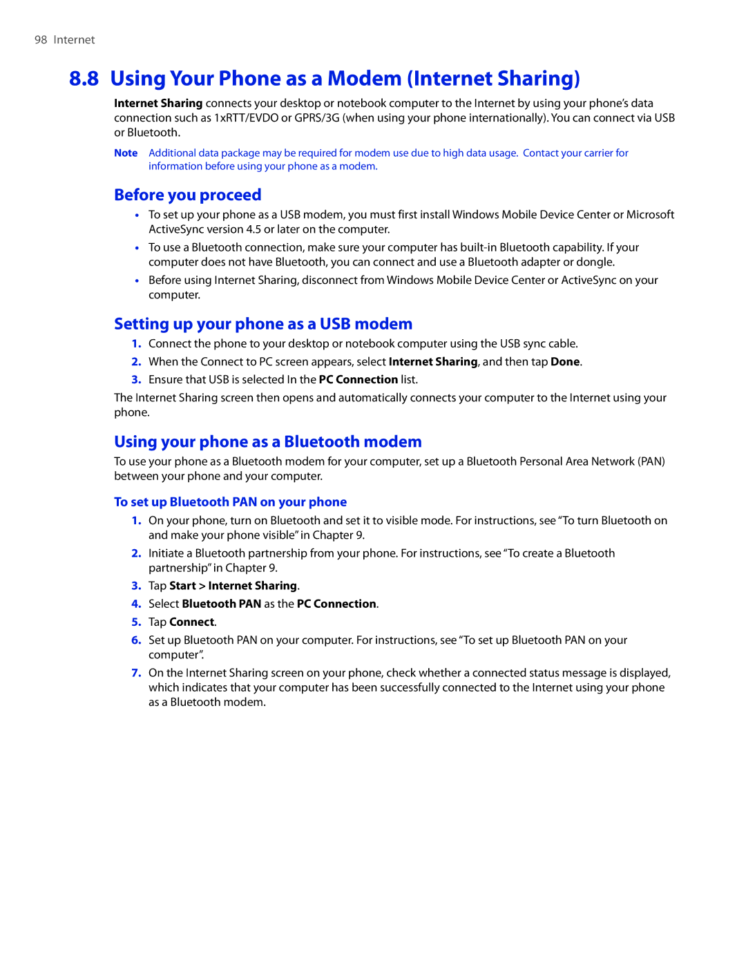 HTC TOUCHPRO2SPT Using Your Phone as a Modem Internet Sharing, Before you proceed, Setting up your phone as a USB modem 