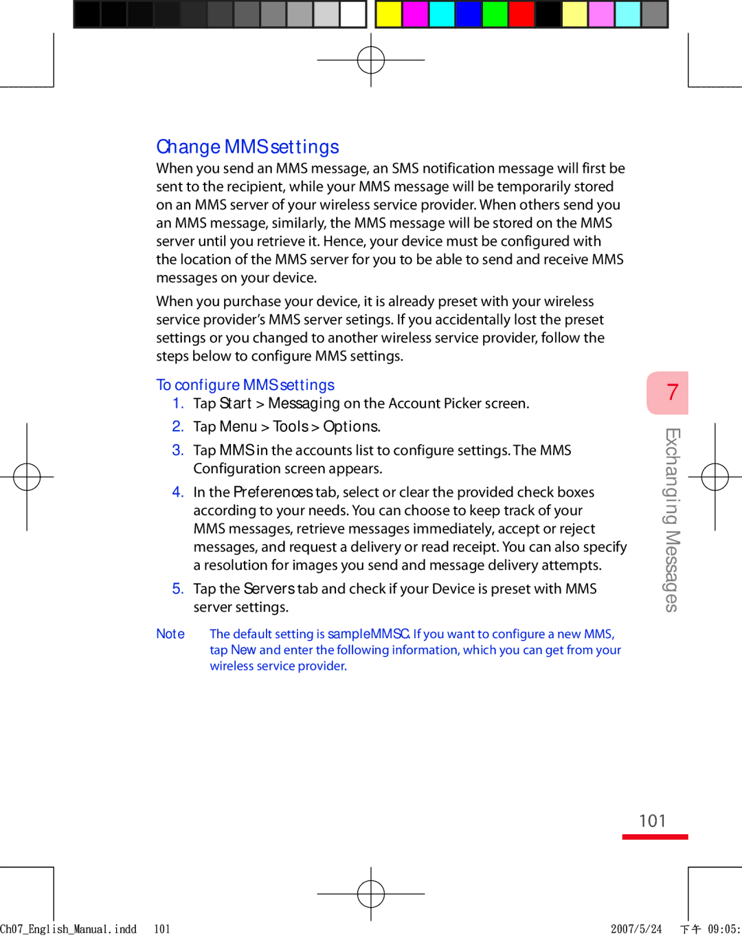 HTC TRIN100 Change MMS settings, 101, To configure MMS settings, Tap Start Messaging on the Account Picker screen 