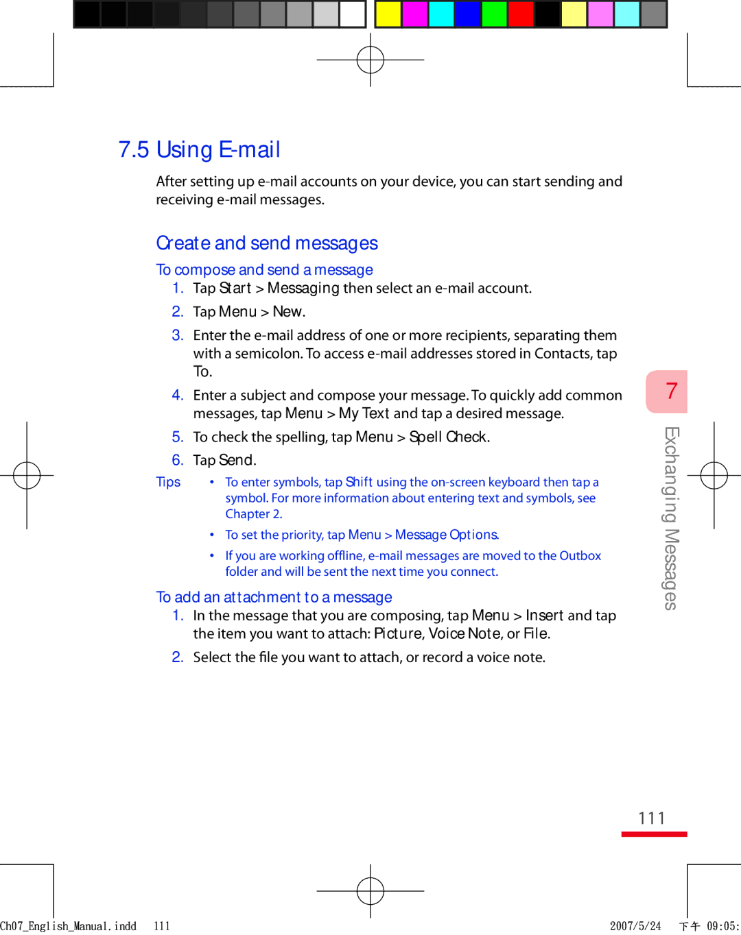 HTC TRIN100 user manual Create and send messages, 111, To compose and send a message, To add an attachment to a message 