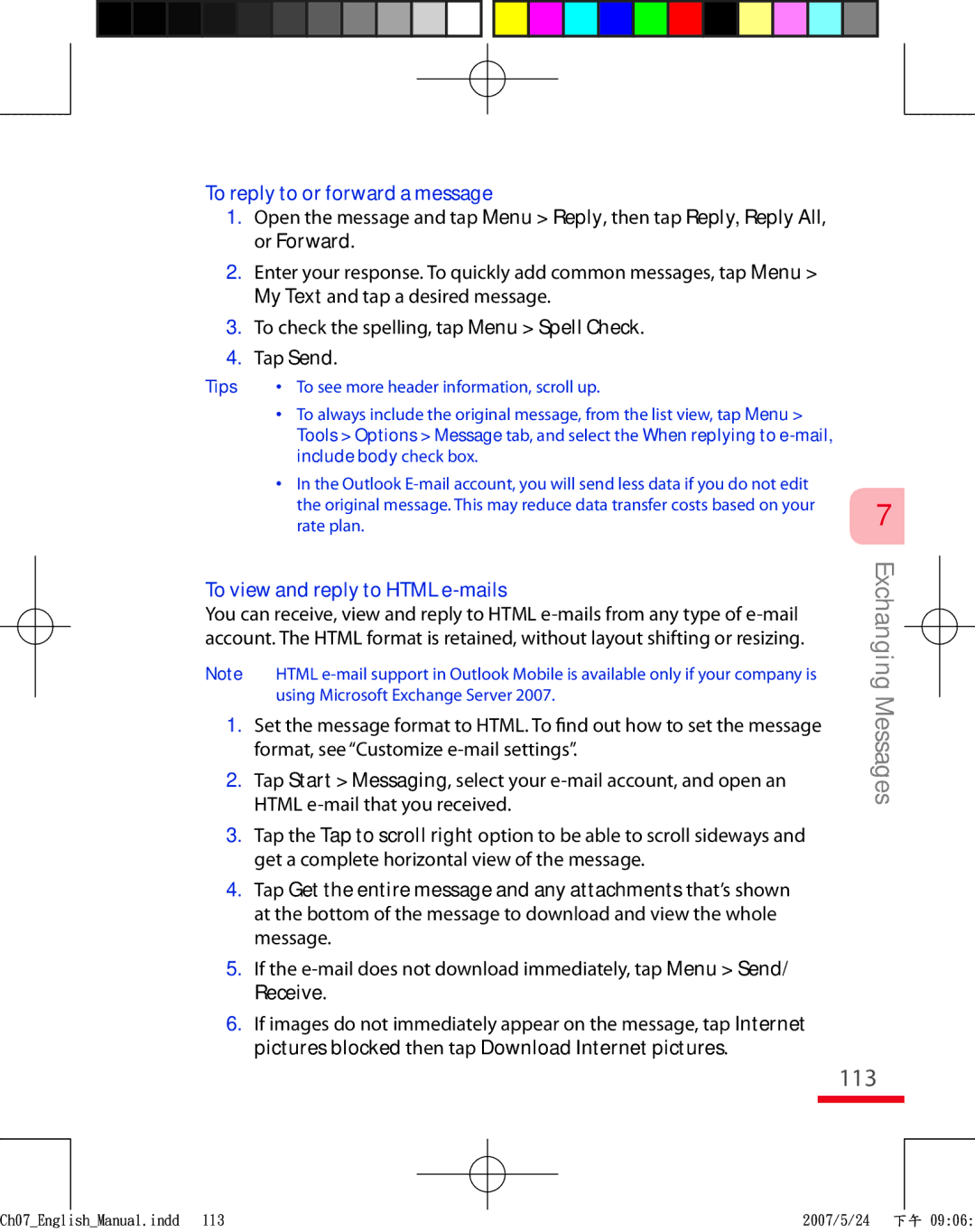 HTC TRIN100 user manual 113, To reply to or forward a message, To view and reply to Html e-mails 