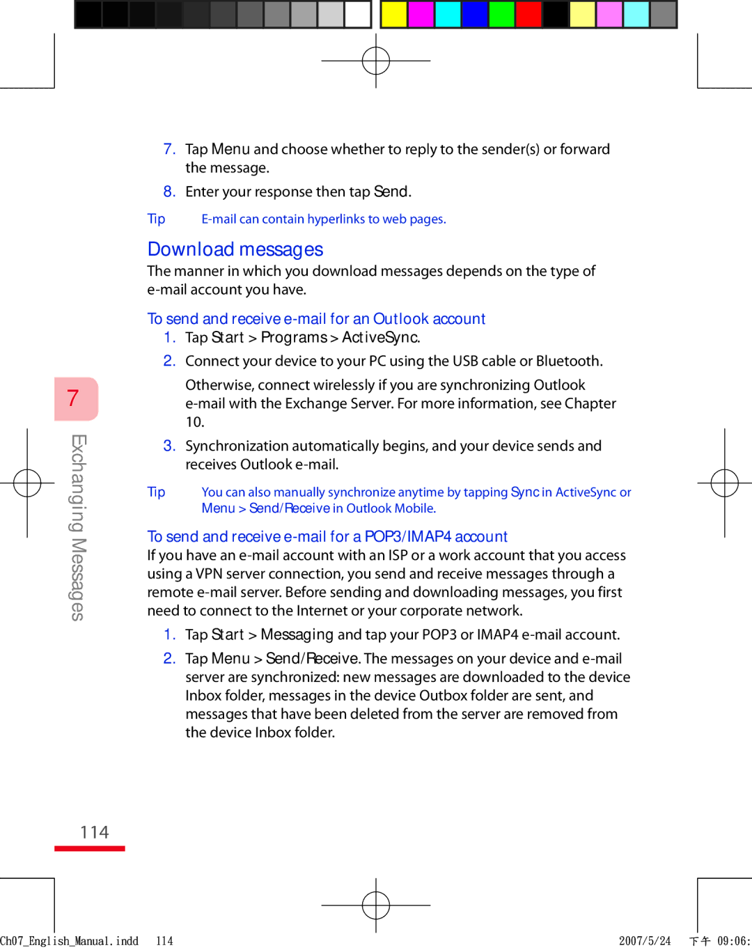 HTC TRIN100 user manual Download messages, 114, To send and receive e-mail for an Outlook account 