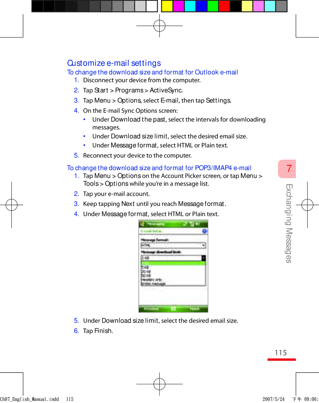 HTC TRIN100 user manual Customize e-mail settings, 115, To change the download size and format for Outlook e-mail 