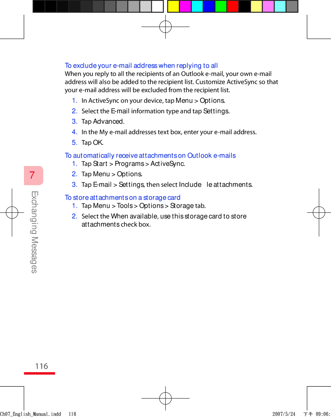 HTC TRIN100 116, To exclude your e-mail address when replying to all, Tap Advanced, To store attachments on a storage card 