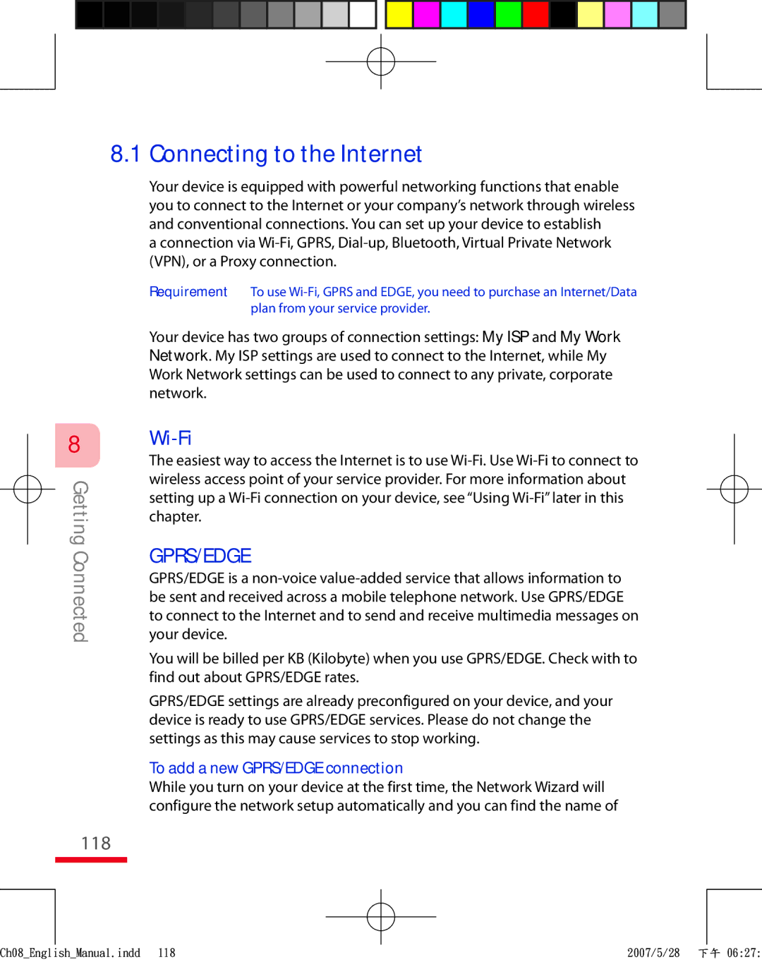 HTC TRIN100 user manual Connecting to the Internet, 118, Wi-Fi, To add a new GPRS/EDGE connection 