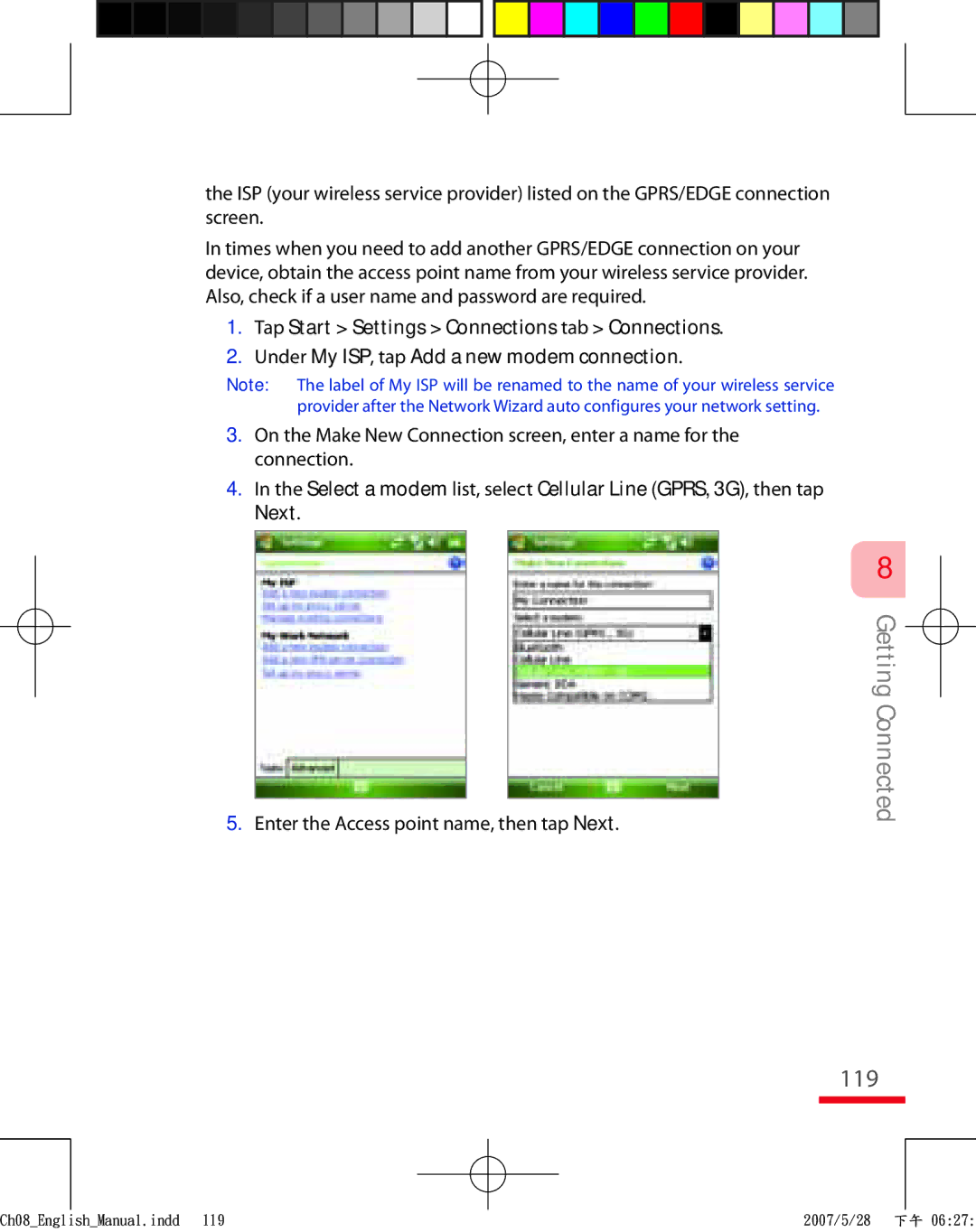 HTC TRIN100 user manual 119, Enter the Access point name, then tap Next 