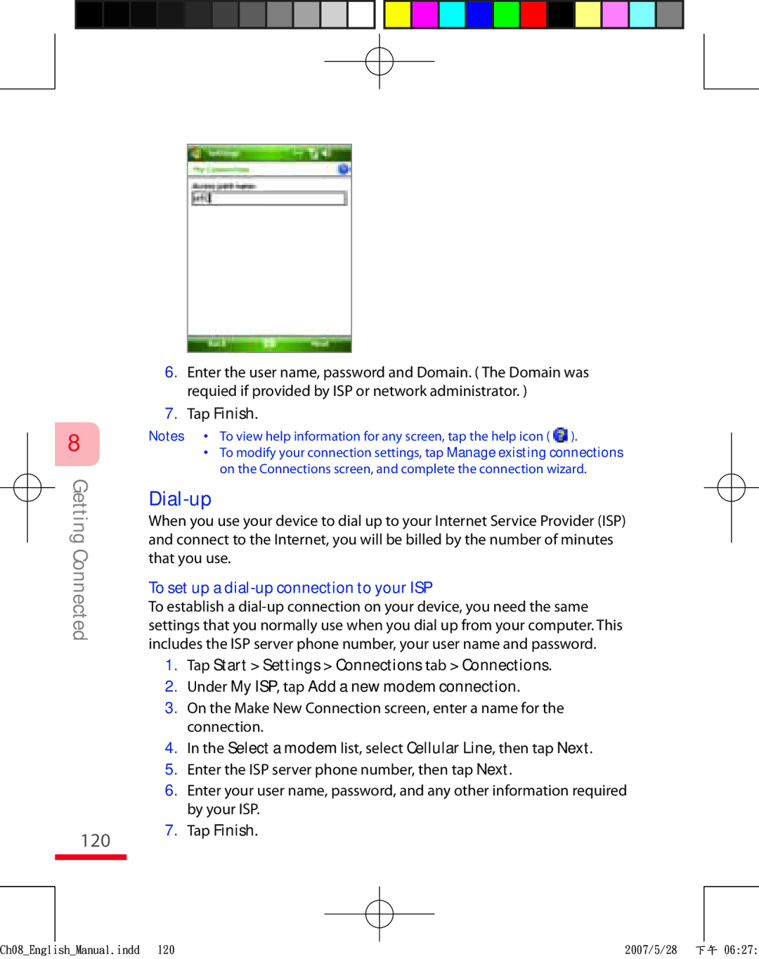 HTC TRIN100 user manual 120, Dial-up, To set up a dial-up connection to your ISP 