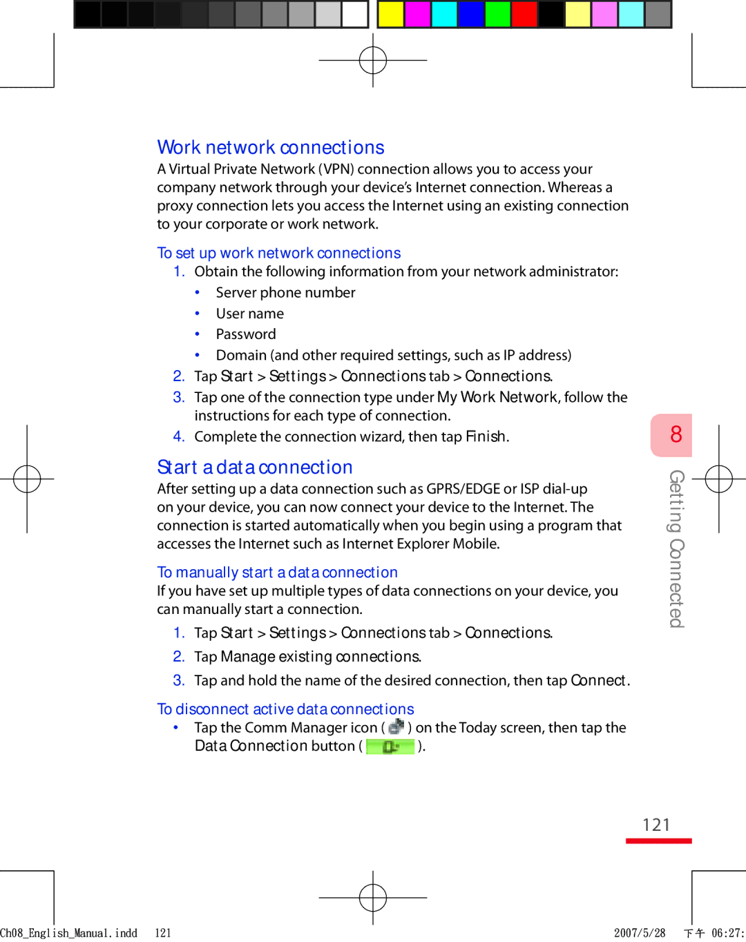 HTC TRIN100 user manual Work network connections, Start a data connection, 121 