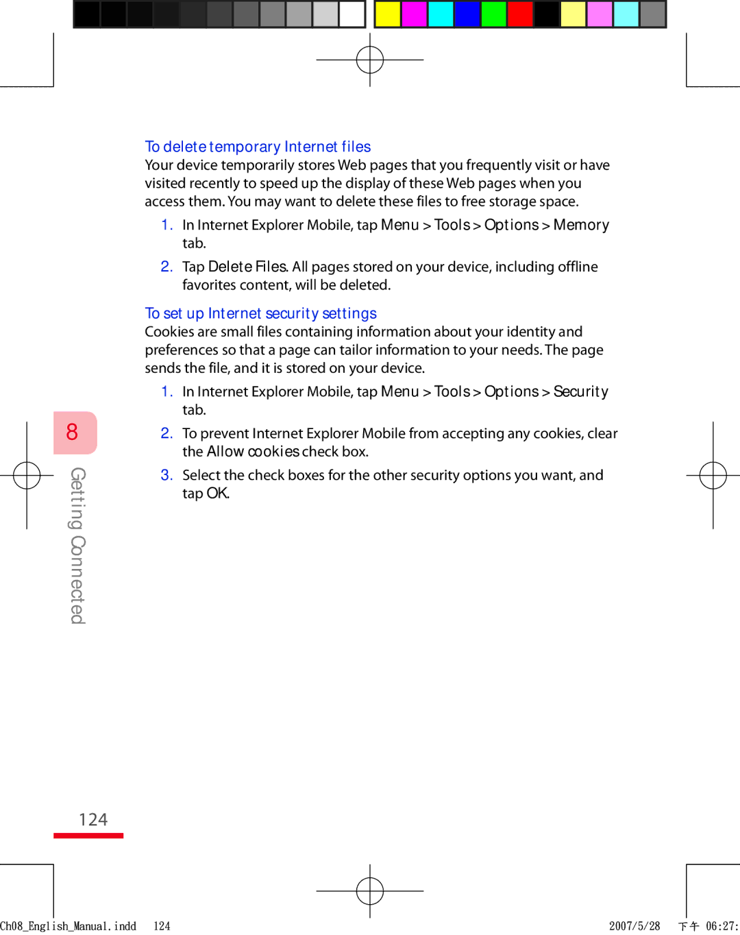 HTC TRIN100 user manual 124, To delete temporary Internet files, To set up Internet security settings 