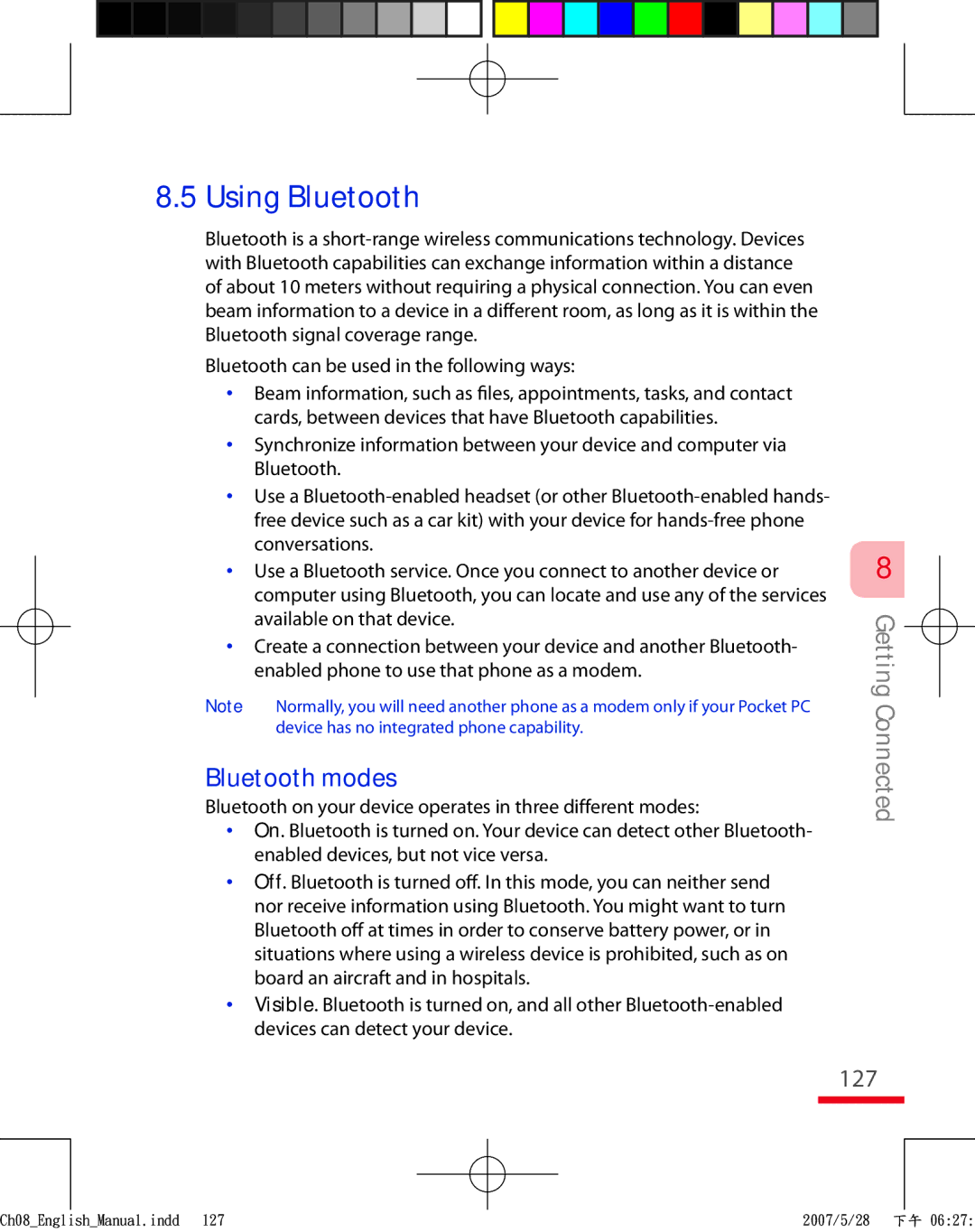 HTC TRIN100 user manual Bluetooth modes, 127, Bluetooth can be used in the following ways 