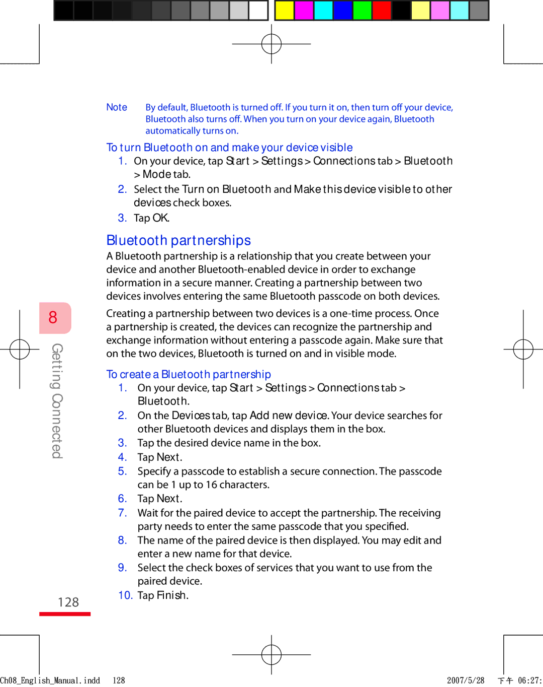 HTC TRIN100 user manual 128, Bluetooth partnerships, To turn Bluetooth on and make your device visible 