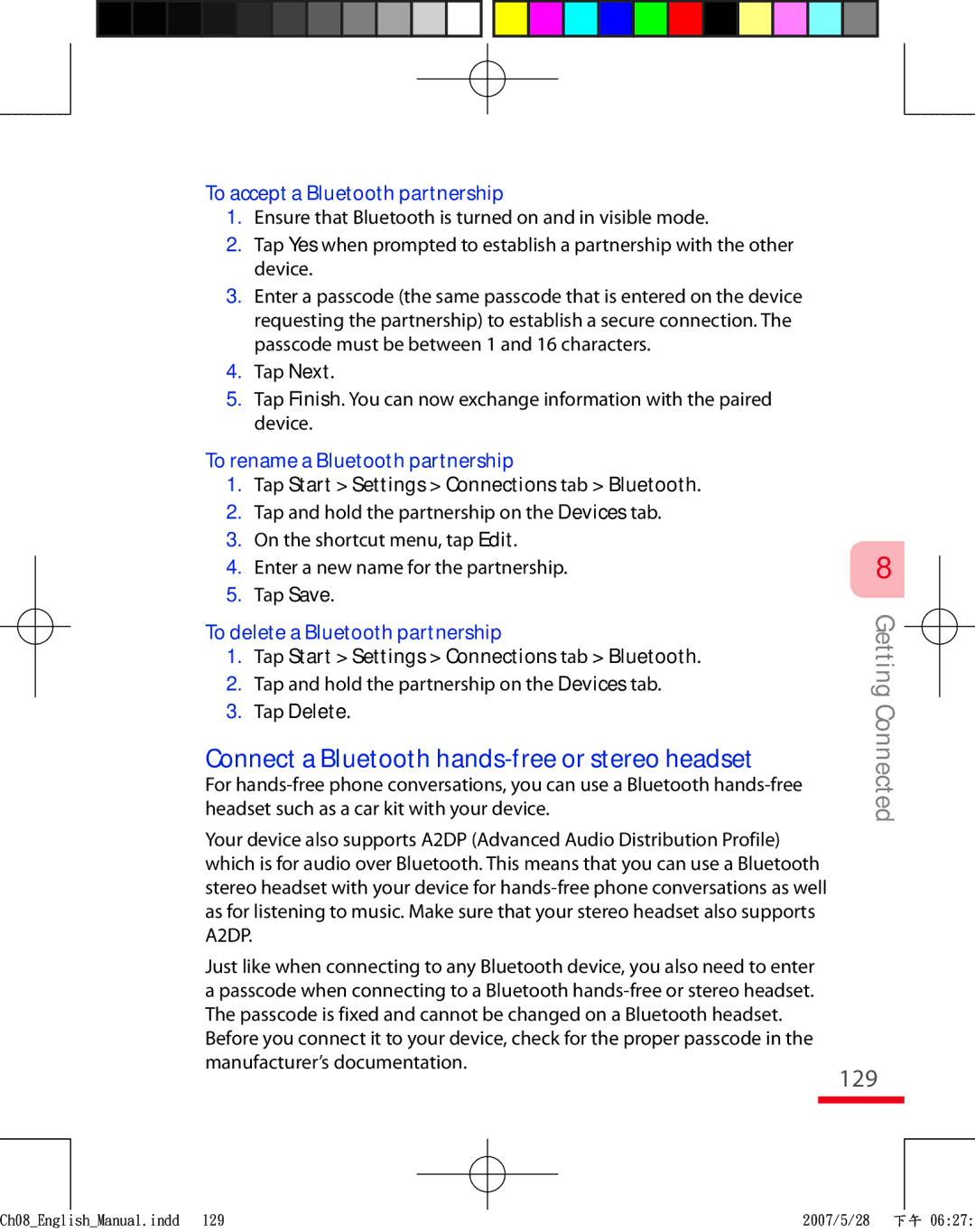 HTC TRIN100 user manual Connect a Bluetooth hands-free or stereo headset, 129, To accept a Bluetooth partnership 