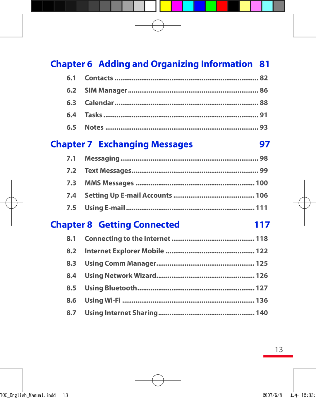 HTC TRIN100 user manual Adding and Organizing Information, Exchanging Messages, Getting Connected 117 