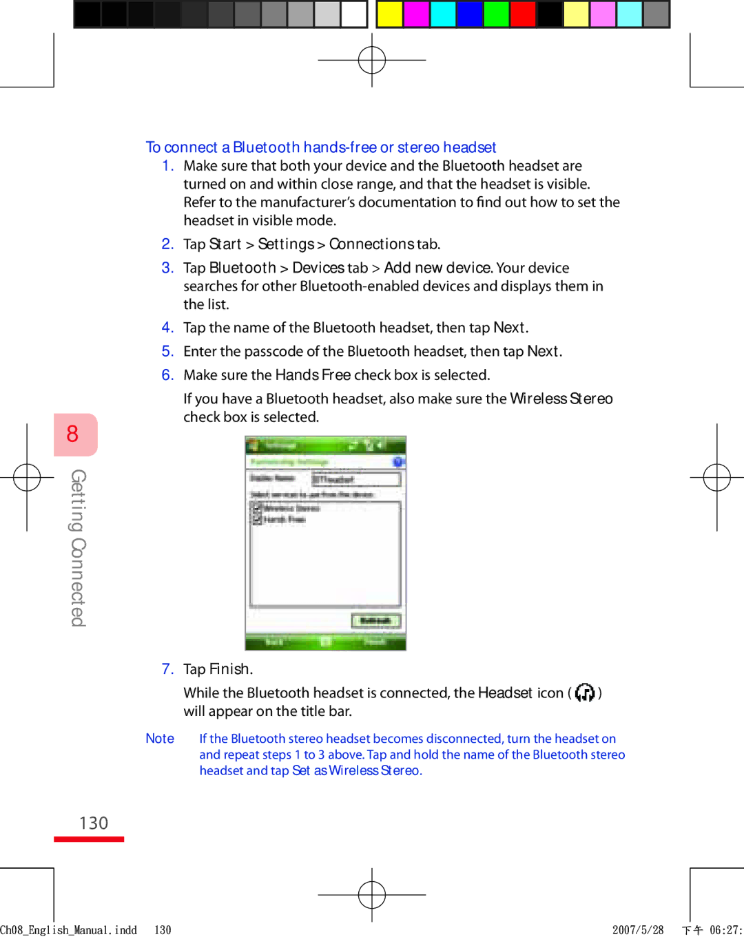 HTC TRIN100 user manual 130, To connect a Bluetooth hands-free or stereo headset, Tap Start Settings Connections tab 