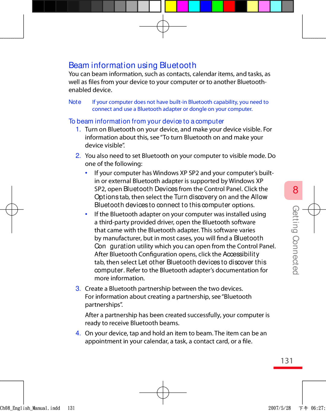 HTC TRIN100 user manual Beam information using Bluetooth, 131, To beam information from your device to a computer 