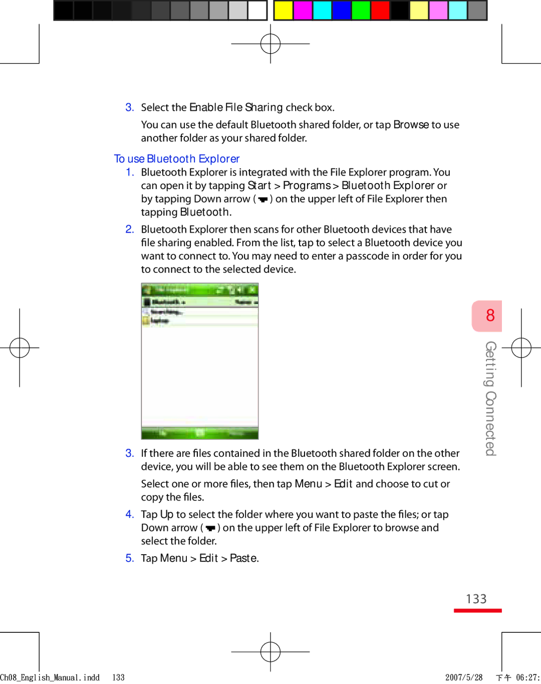 HTC TRIN100 user manual 133, To use Bluetooth Explorer, Tap Menu Edit Paste 