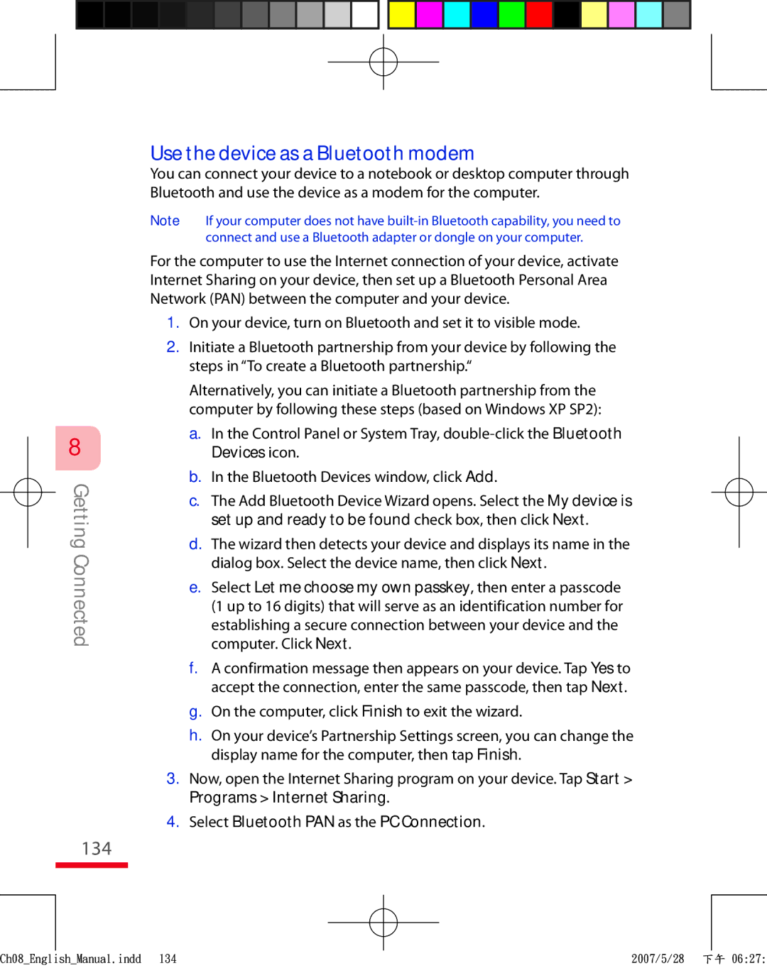 HTC TRIN100 user manual 134, Use the device as a Bluetooth modem, Select Bluetooth PAN as the PC Connection 