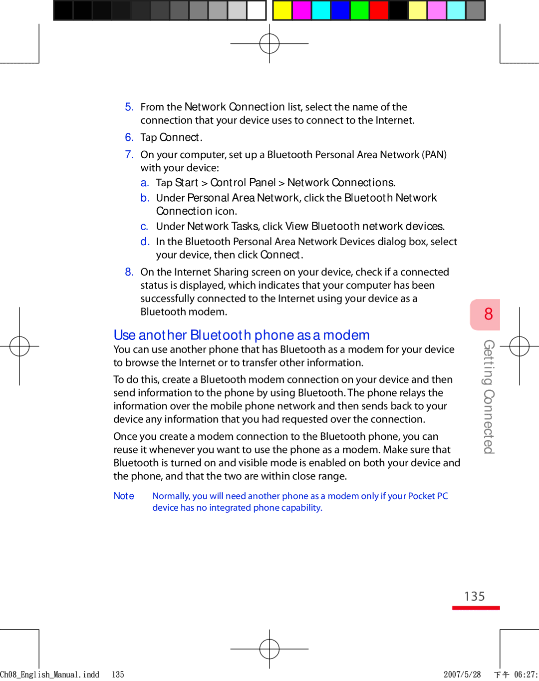 HTC TRIN100 user manual Use another Bluetooth phone as a modem, 135, Tap Connect 