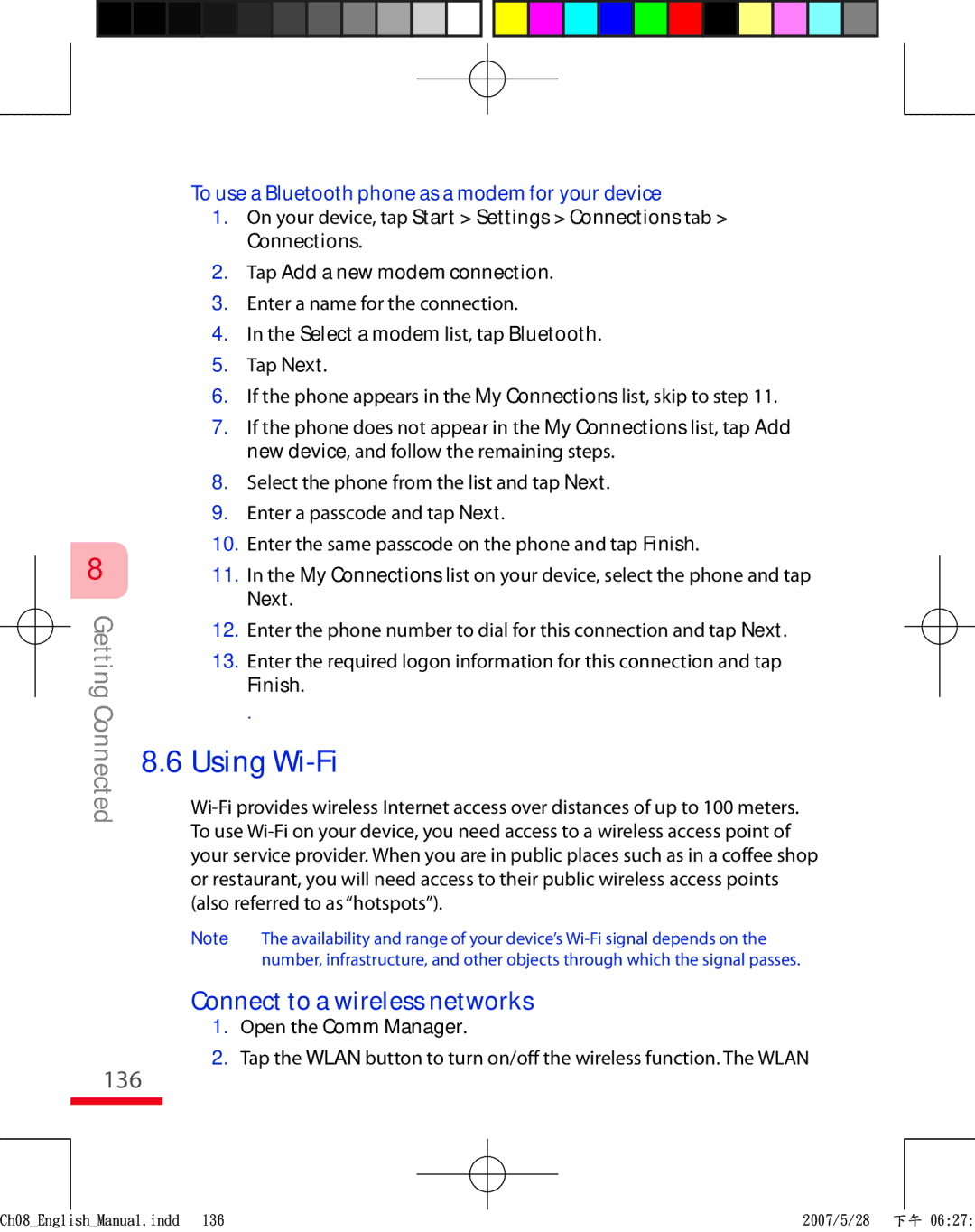 HTC TRIN100 user manual Connect to a wireless networks, 136, To use a Bluetooth phone as a modem for your device 