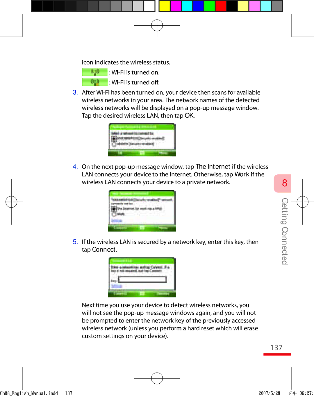 HTC TRIN100 user manual 137, Wi-Fi is turned off 