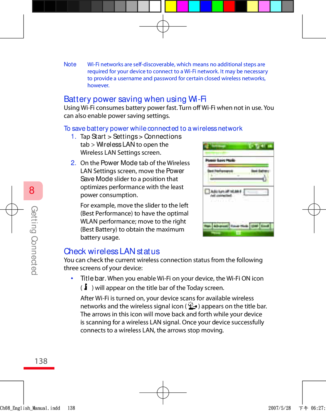 HTC TRIN100 user manual 138, Battery power saving when using Wi-Fi, Check wireless LAN status 