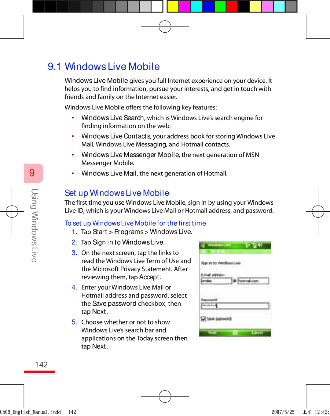 HTC TRIN100 user manual 142, Set up Windows Live Mobile, To set up Windows Live Mobile for the first time 