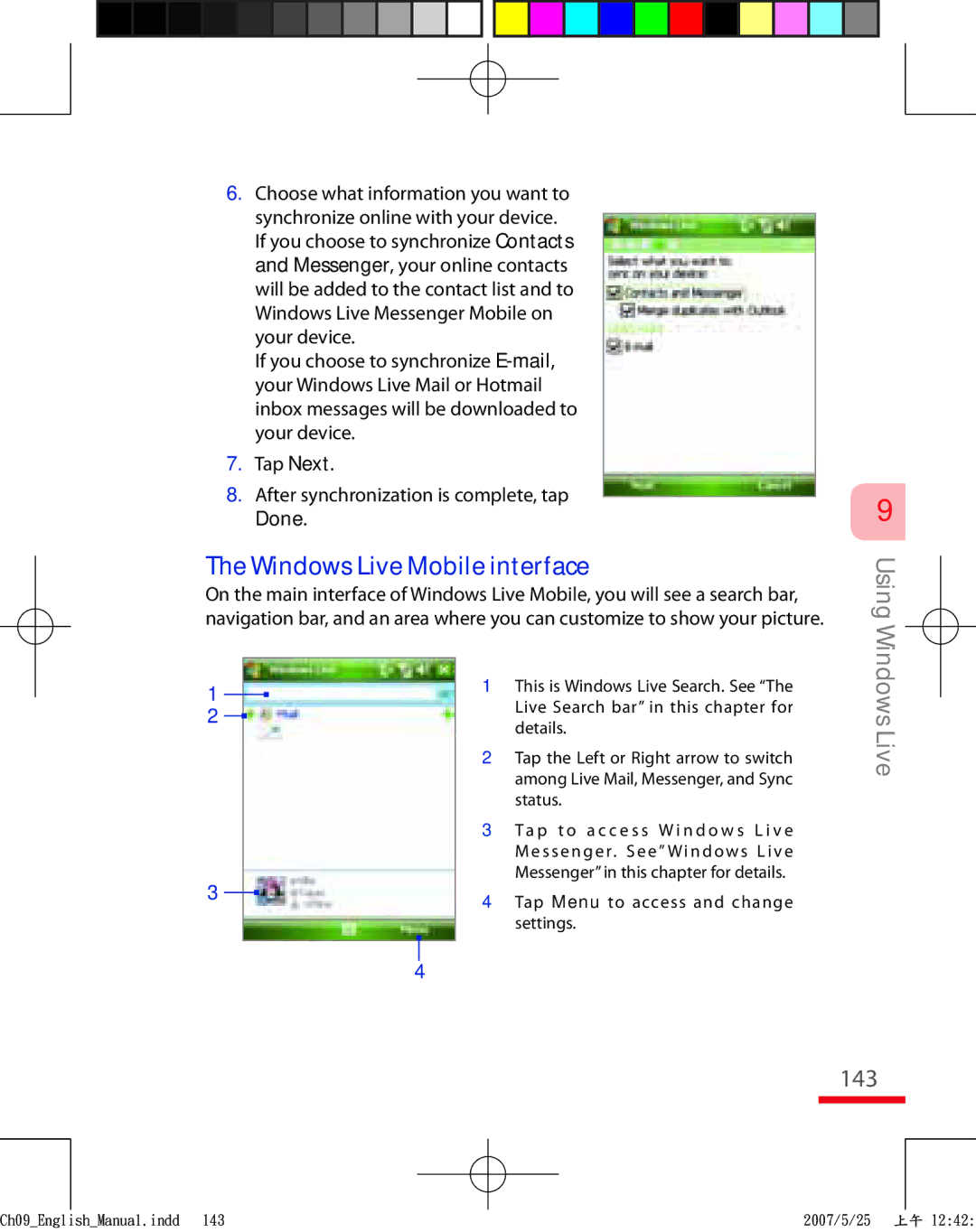 HTC TRIN100 user manual Windows Live Mobile interface, 143 