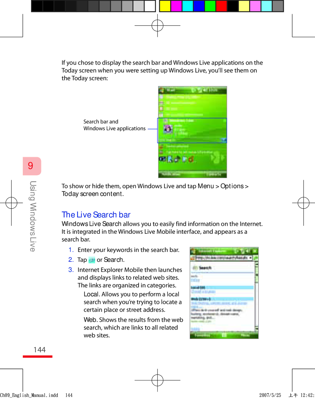 HTC TRIN100 user manual 144, Live Search bar 